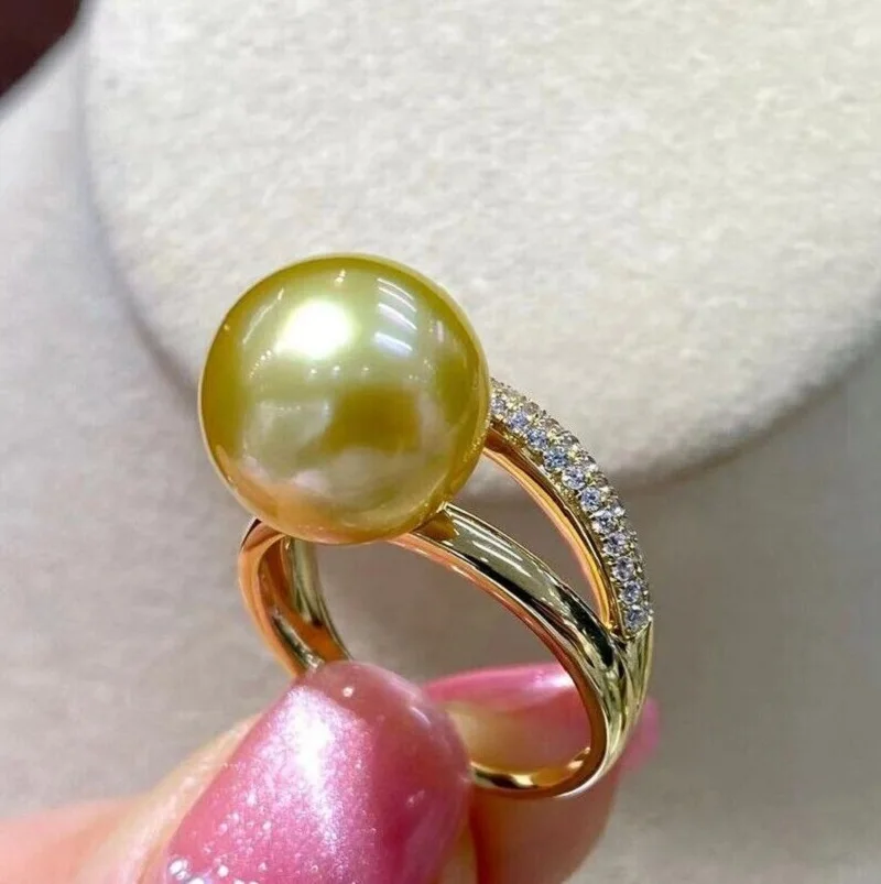 A large quantity of AAAAA 11-10mm authentic natural South China Sea gold round pearl ring 925s-