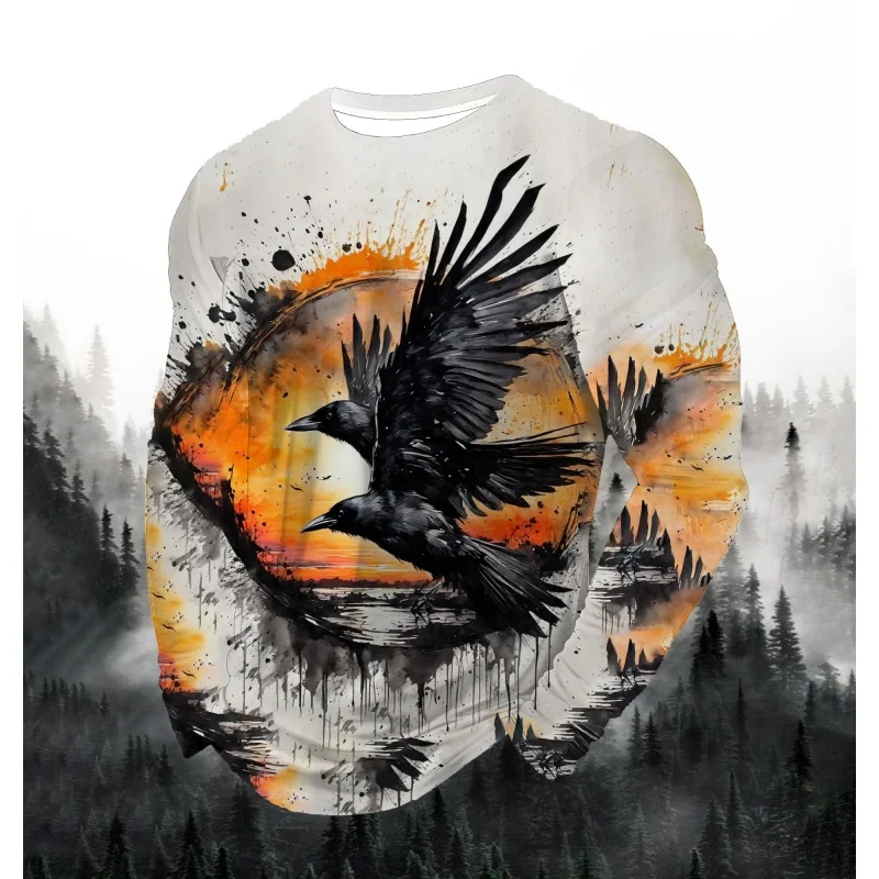 Crow Rice Field Pattern T-Shirt For Men Colorful Animal 3D Printed T Shirts Autumn Casual Loose Round Neck Tops Tees Long Sleeve