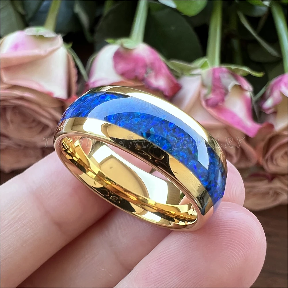 6 mm 8 mm Ringe für Männer und Frauen, Wolfram-Ehering, Modeschmuck, blaue Opal-Inlay, gewölbt, poliert, glänzend, bequeme Passform – Detail 12