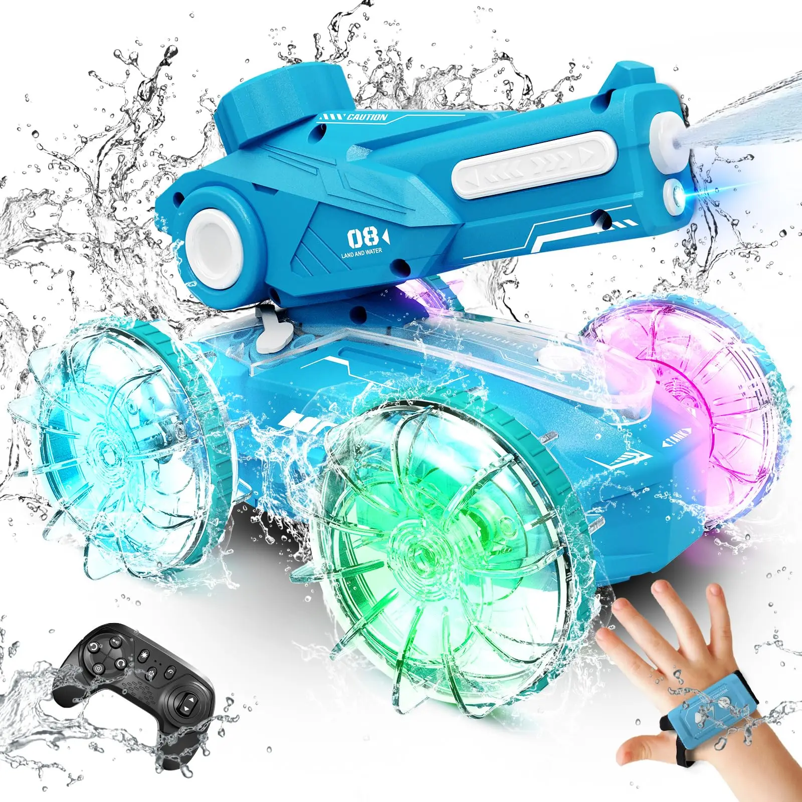 Amphibious Remote Control Car Boat for Kids, 4WD Water Squirt Gesture Sensing RC Car, 2.4GHz RC Stunt Car with LED Lights