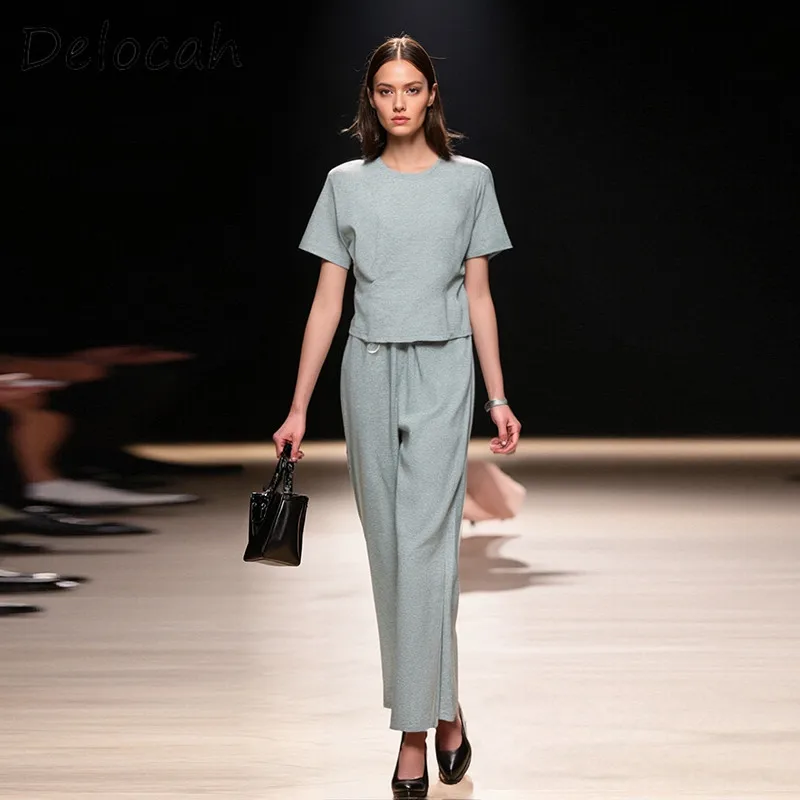 

Deloach Fashion High Quality Women's Wear Design Round Neck Knitted Loose Short Sleeve with Loose Straight Pants Casual Set