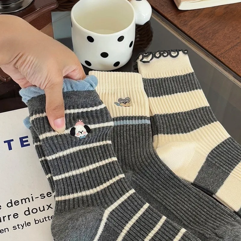 5 Pairs Autumn Winter Cotton Socks Gray Striped Women's Mid-Calf Coquette Socks College Style Knee-High Warm Socks High Quality