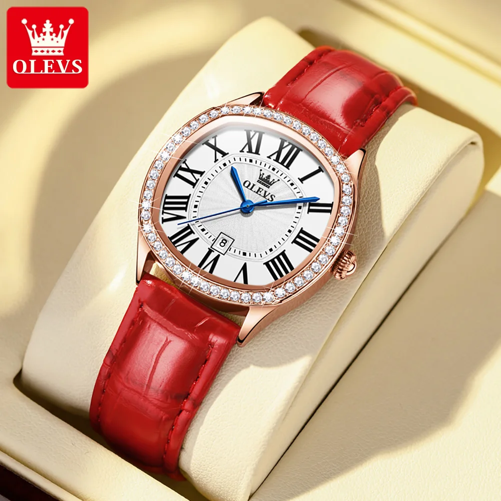 

OLEVS Brand New Luxury Rhinestones Quartz Watch for Women Fashion Red Leather Waterproof Classic Womens Watches Montre Femme