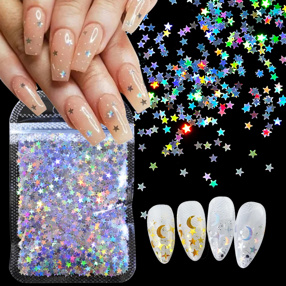 1 borsa laser olografica argento stella glitter per unghie paillettes net.10g stelle scintillanti nail art fiocco fai da te lucido manicure stella paillettes