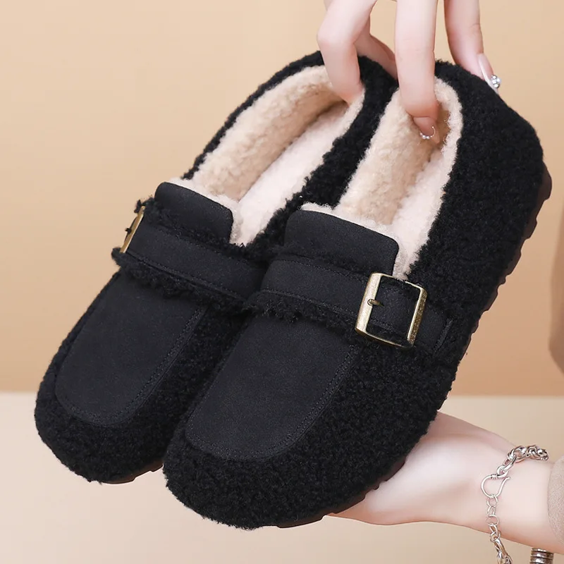 

2024 autumn and winter new women's woolen shoes flat with cashmere warm bean shoes casual slip-on women's cotton shoes