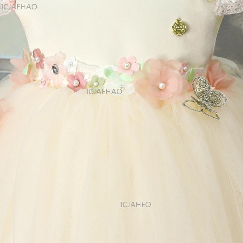 Baby Girl One-Piece Dress 2026 New 3D Floral Backless Princess Birthday Party Occasion Clothes Flower Pageant Host Gown Children