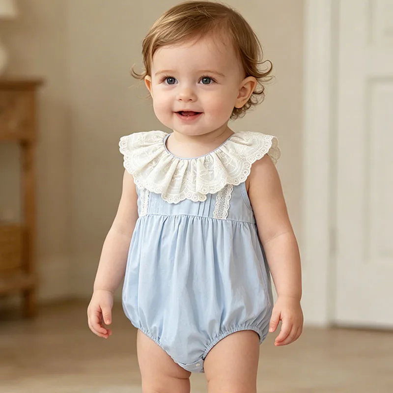 Baby crawling clothes, summer sleeveless lace collar, cute bag fart clothes, female baby western-style vest, princess style