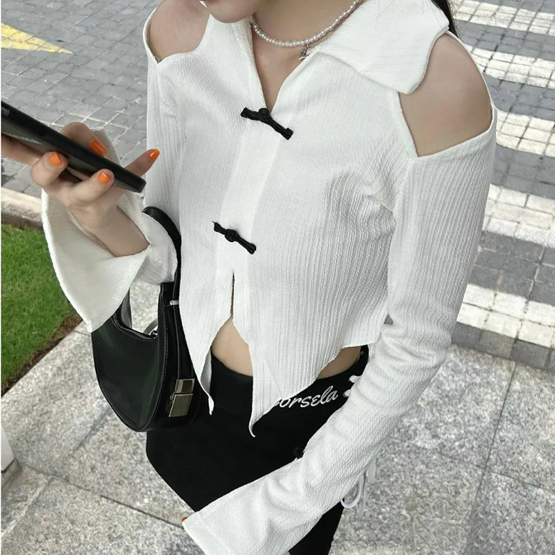 Autumn 2022 New Pure Color Collared Long Sleeve Bore Hole Casual Fashion European Women Top Trendy Streetwear Style