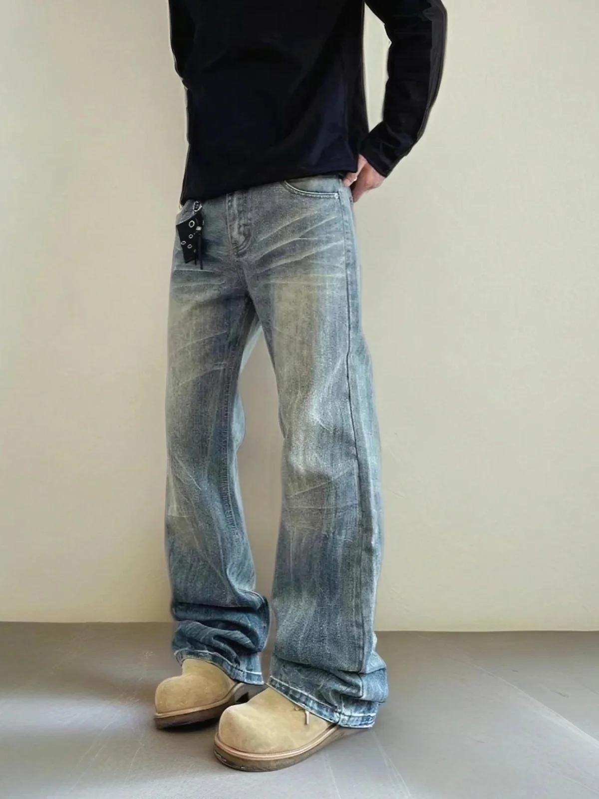 

Bamboo Joint Pattern Flared Jeans Men's American Retro Wide Leg Straight Long Trendy Brand Cool Looking Boys Pants