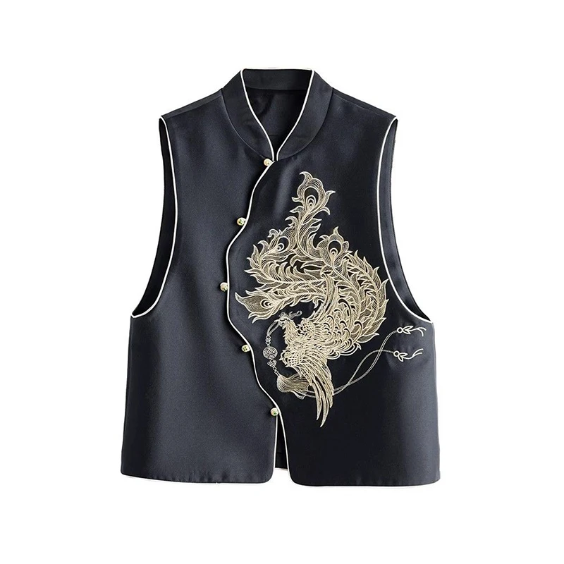 꽃 자수 블랙 조끼 여성 레트로 중국 빈티지 Ethinic 스타일 민소매 탑 오버 사이즈