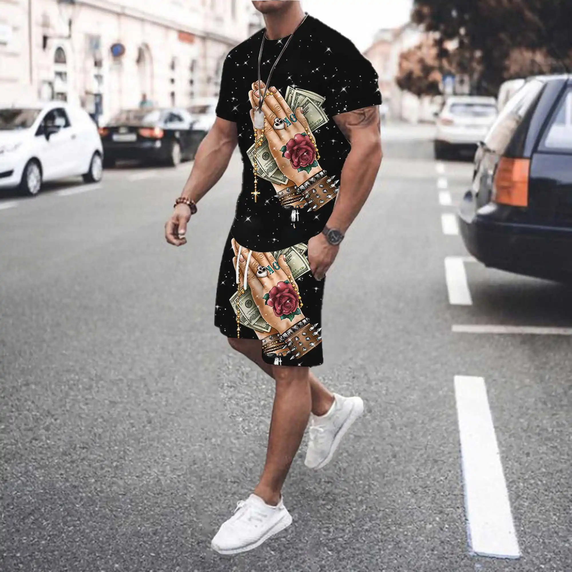 Men's Casual Crew Neck Graphic T-shirt And Shorts Set With Stylish Print, Comfort Fit Summer Suit For Vacation And Daily Wear