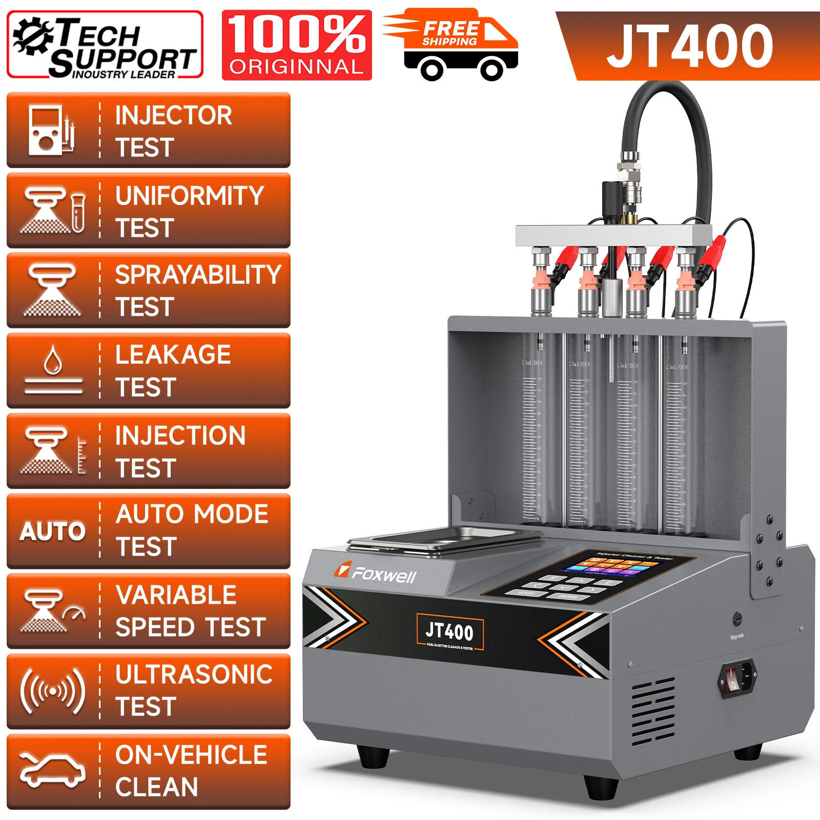 2026 FOXWELL JT400 Fuel Injector Cleaner Machine 4-Cylinders Heated Ultrasonic Injector Cleaner GDI/EFI/FSI Fuel Injector Test