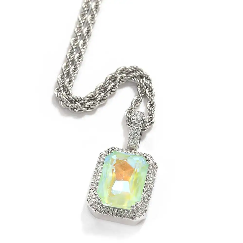 Hot selling Mocha Fluorescent Square Solid zircon Colored Gem Pendant Hip Hop Men\'s And Women\'s Inset Bling Zircon Necklace