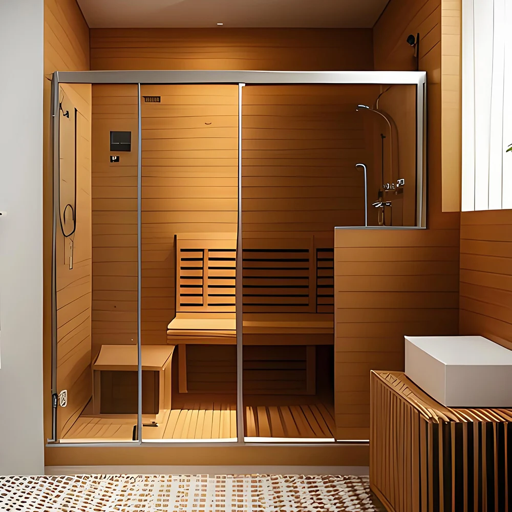 Sala de sauna interna sofisticada e luxuosa de infravermelho distante com experiência de sauna premium de vidro temperado