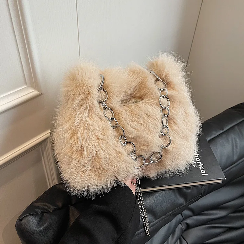 

2023 Новая плюшевая женская сумка подмышки с ремешком-цепочкой, сумка через плечо из искусственного меха с верхней ручкой, роскошная сумка через плечо, мягкая универсальная сумка