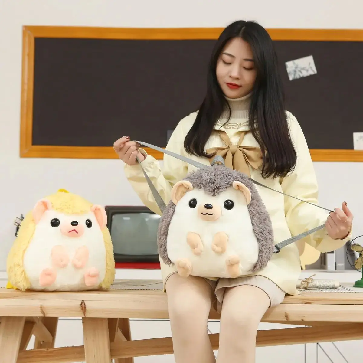 원피스 귀여운 부드러운 고슴도치 플러시 배낭 Kawaii 편안한 학교 가방 만화 동물 가방 어린이 선물 소년 소녀 학생