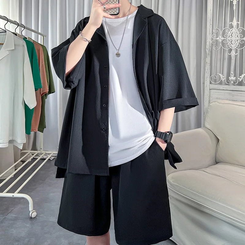 Korean Style Men's Set Shirt Shorts Casual Straight Leg Eighteen Pants Breathable Comfortable Youthful Energy Fashion