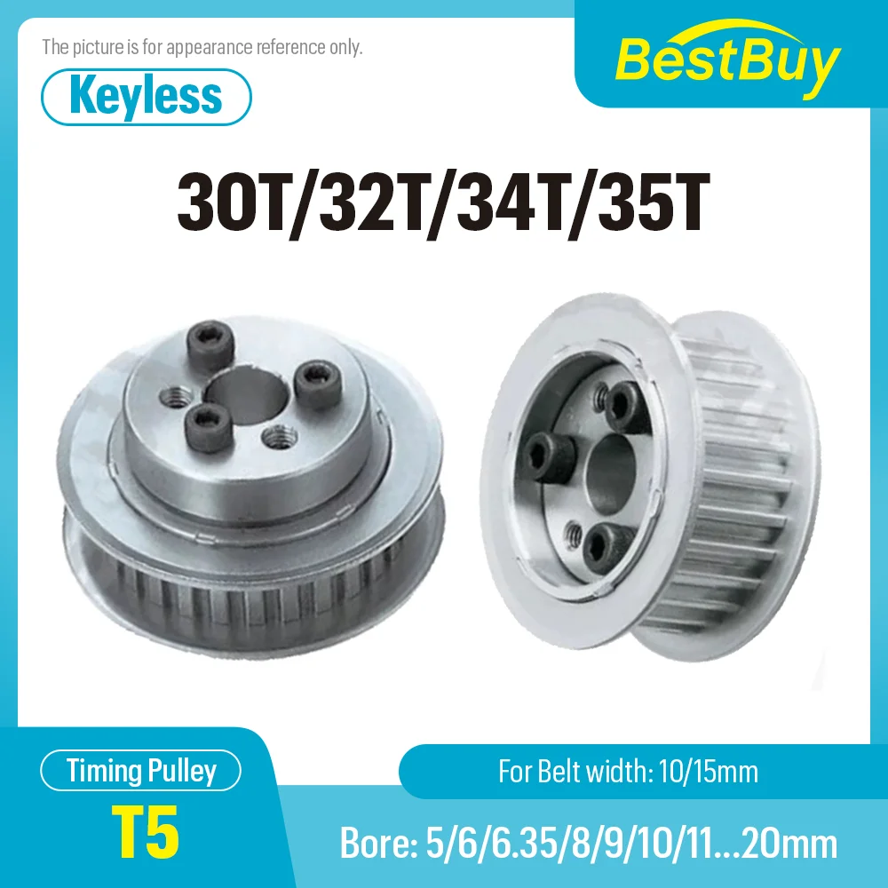 

30T/32T/34T/35T Trapezoidal Tooth Timing Pulley Keyless Bushing Bore 5-20mm For T5 Synchronous Belt Width 10/15mm