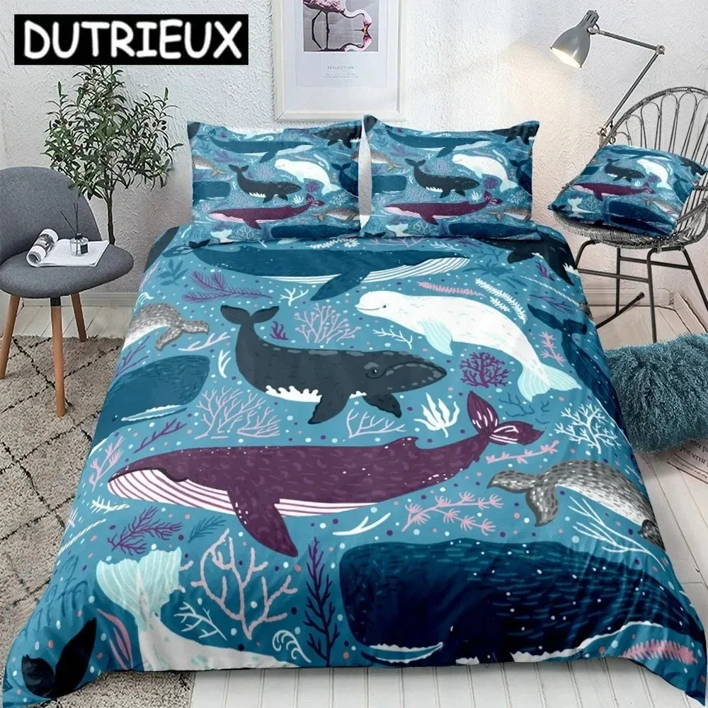 Ocean Duvet Cover Set Blue Whale Bedding Set Sea Animal Bed Linen Striped Beds Set Kids Teens Home Textile Microfiber Bedclothes