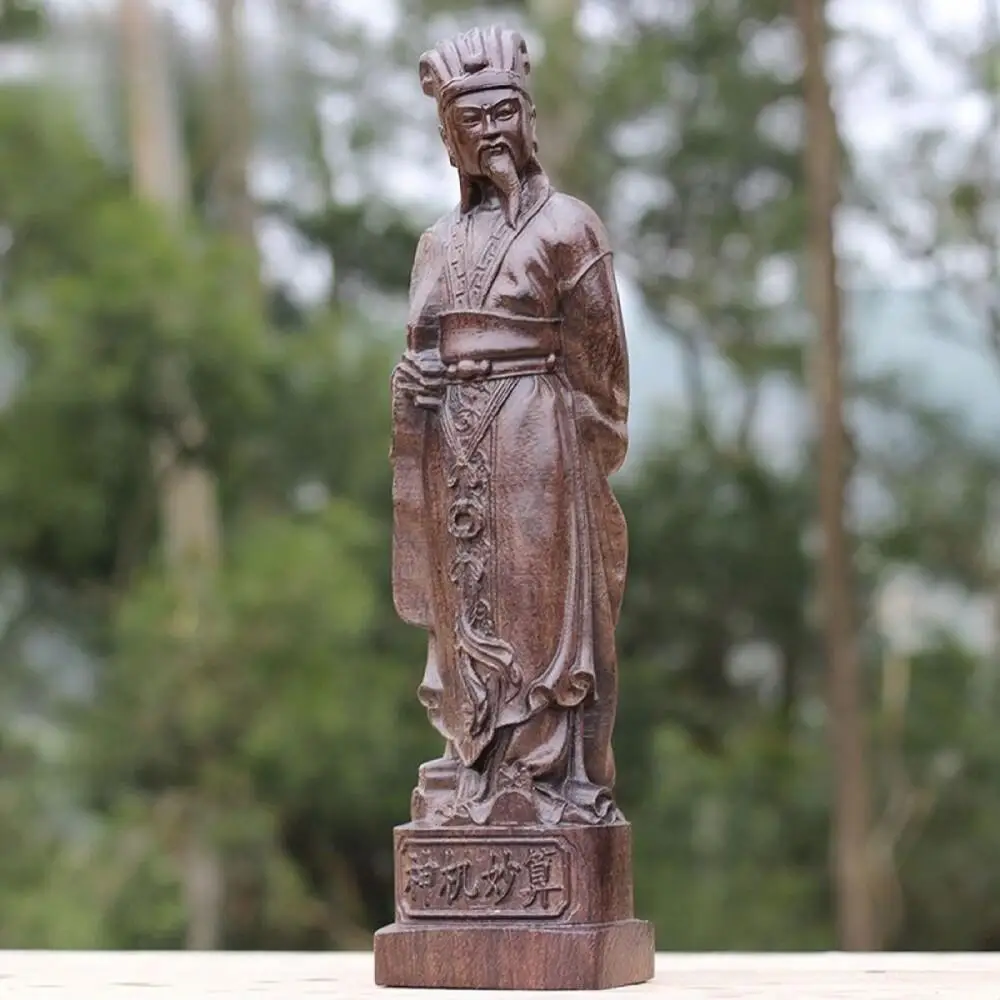 Natural Agarwood Carved Zhuge Liang Figurine Solid Wood Ancient Chinese Wise Man Statue Desktop Decor Craft Gift