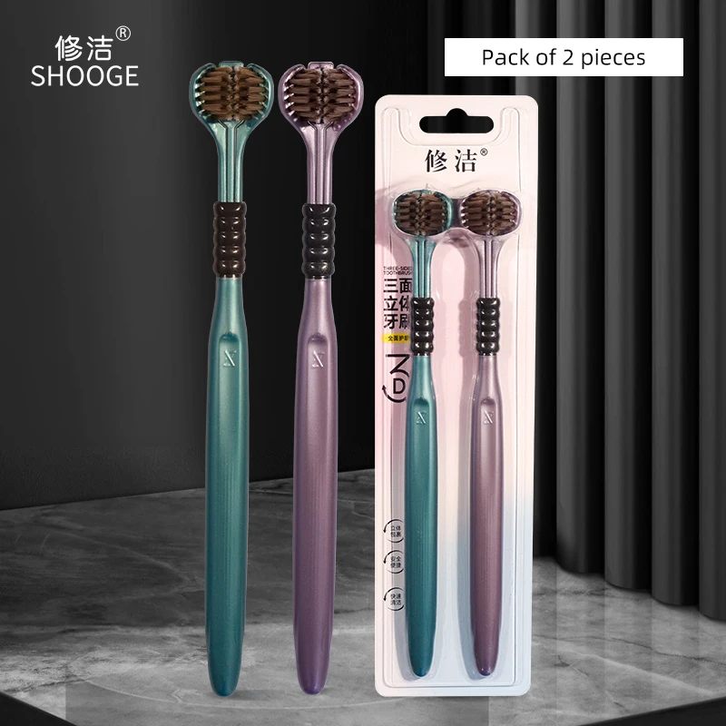 2pcs/box Adult Toothbrushes Soft PBT Bristles Rounded Tips Triple - sided Wrapping Tongue Cleaning Ergonomic Handles