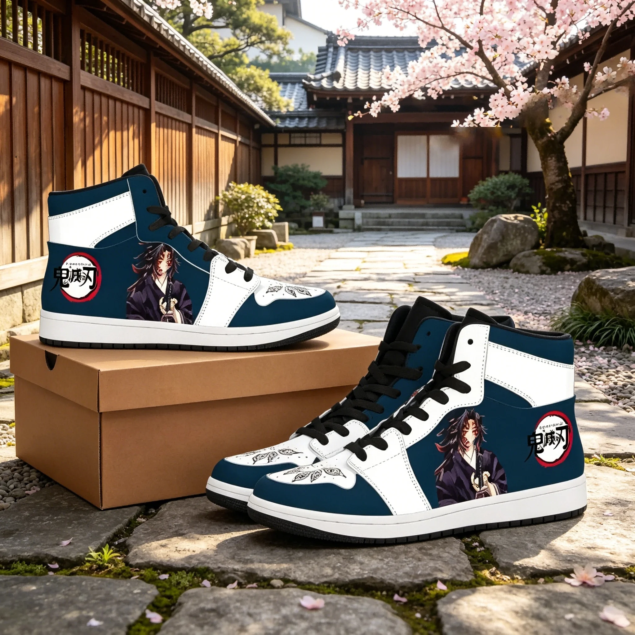 Zapatillas Altas Demon Slayer Yoriichi Tsugikuni, Zapatos de Anime Sun Breathing, Calzado Casual Azul Marino y Blanco