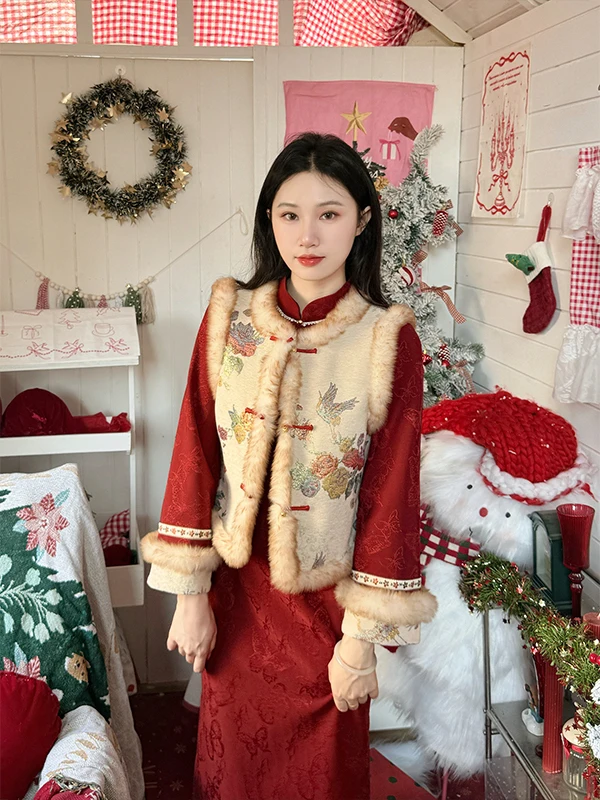 

Phoenix Flng Red Vintage Long Sve Flag Robe Women's Winter Faion Thiened Cotton Fce Year-End Celebration Outfit