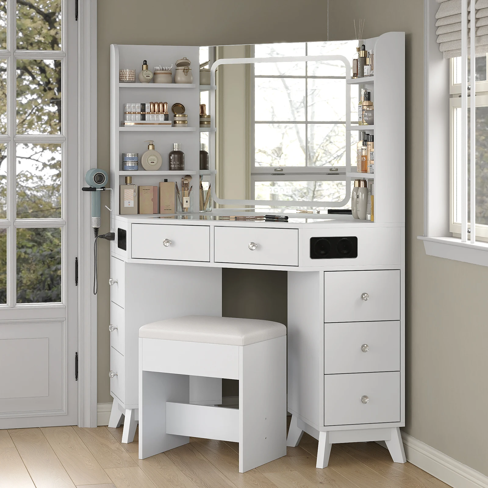 Stylish Makeup Vanity Table & Stool Set, LED Mirror with 3 Dimmable Brightness Settings, Multi-Function Drawers & Storage Shelves, Clear Tempered Glass Tabletop with USB Charging Station
