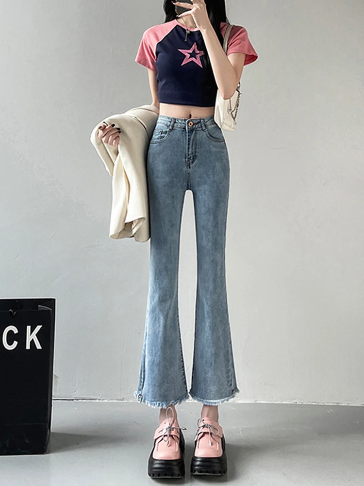

High Waist Slim Fit Denim Jeans Women's Spring Autumn Small Size Micro Flared Eighteen Elasticity Nine Points Bell Bottoms