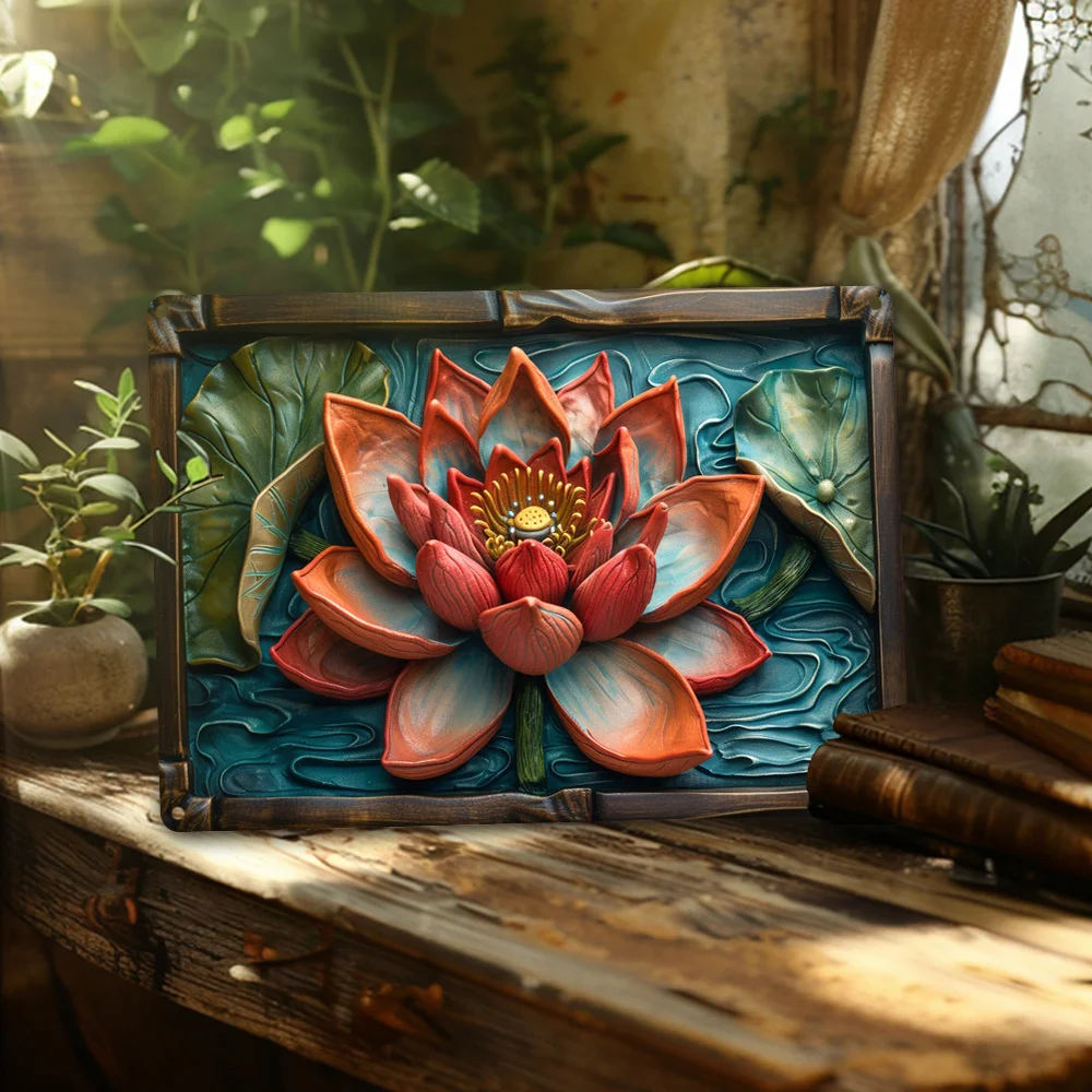 2D Flat Style Lotus Flower Metal Tin Sign: Spring/Summer Bedroom, Garden, Studio Decor, Funny Vintage, Gifts, Artist Drawing Set