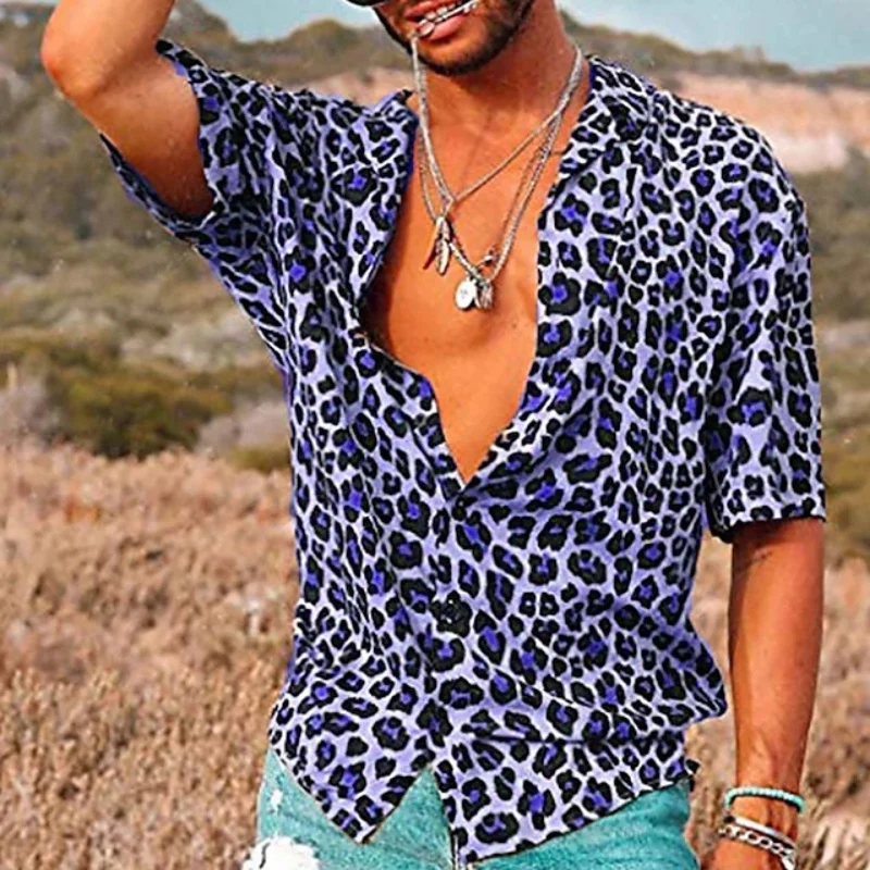 Camisa ajustada de manga corta para hombre, Tops con estampado de leopardo, ropa de calle para exteriores, 2024