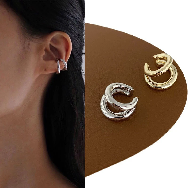 Fake Piercing Earcuff Double Circle Ear Cuff Faux Earrings for Women Man Hiphop Vintage Cuffs Earclips Accessories Korean Fashio