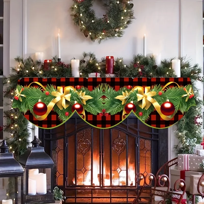 VIKAMA Christmas Fireplace Mantel Scarf Red Black Plaid Xmas Ball Pine Branch Mantel Topper Holiday Home Fireplace Shelf Decor