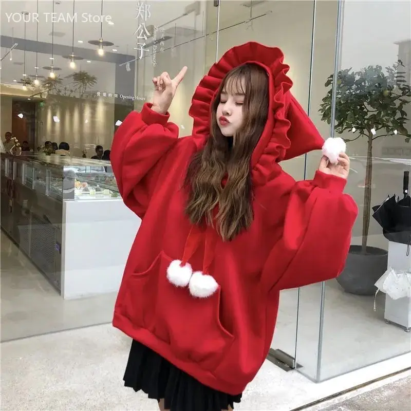 

Women's Plus Size Christmas Hoodie Winter Oversized Red Cute Hooded Sweatshirt Ruffle Santa Hat FestiveParty Loose Pullover Coat