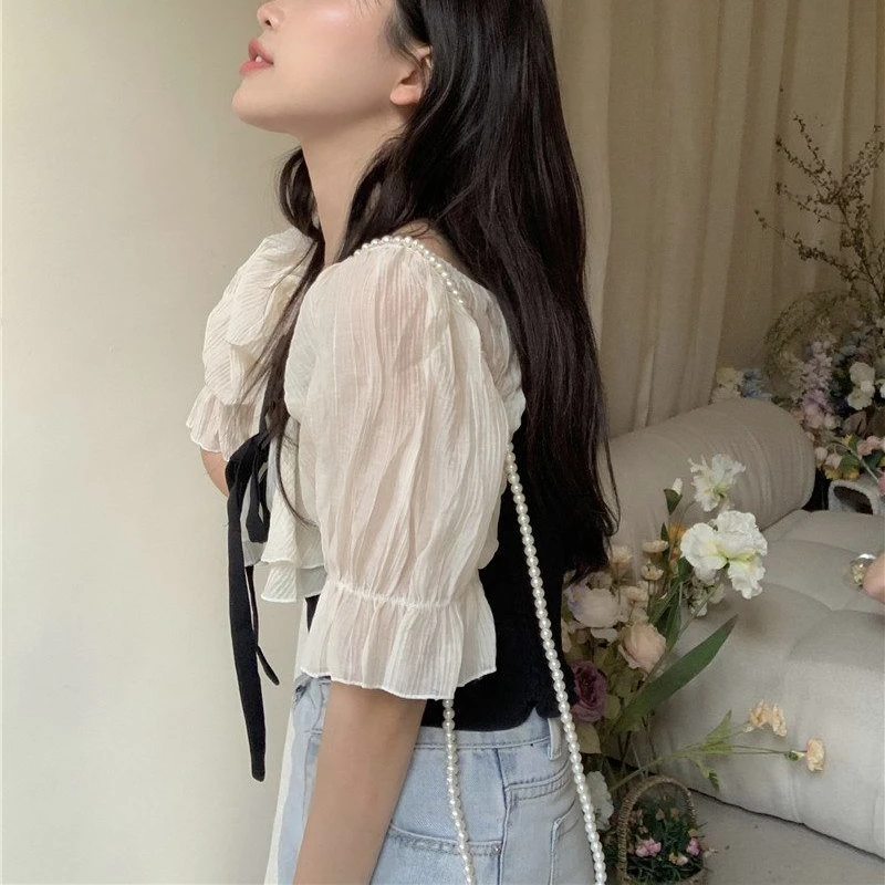 Sweet Blouses Women Patchwork Stylish Design Fake Two Pieces All-match Summer Cozy Ulzzang Cropped Puff Sleeve Colleges Leisure