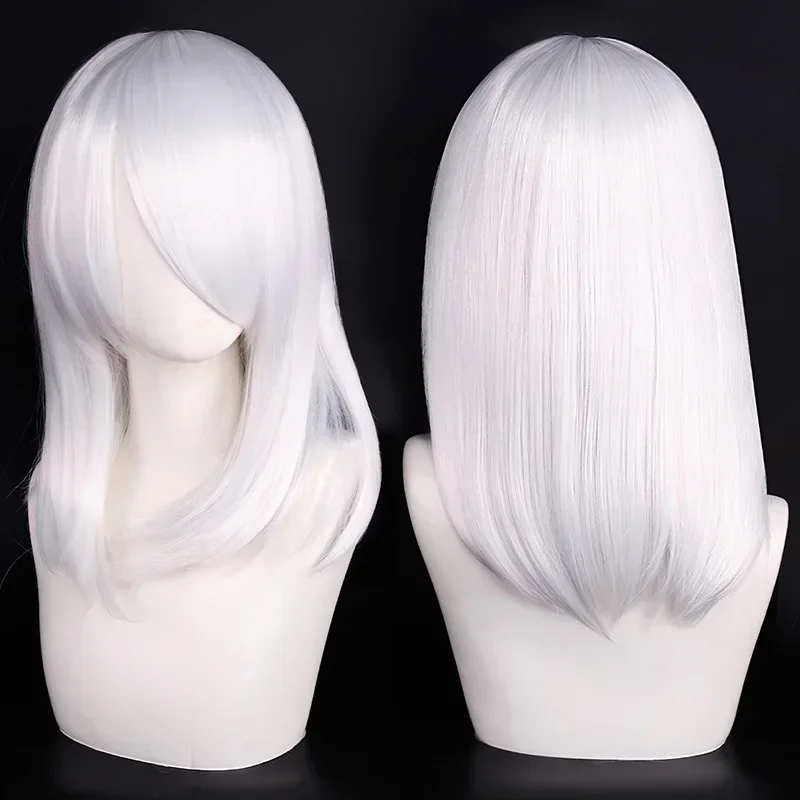 Neue 45cm Mittellange Anime Cosplay Perücke mit Pony in Blond, Schwarz, Weiß, Rot, Pink, Grün, Braun, Gold, Blau, Hitzebeständige Synthetische Haarperücken – Detail 8