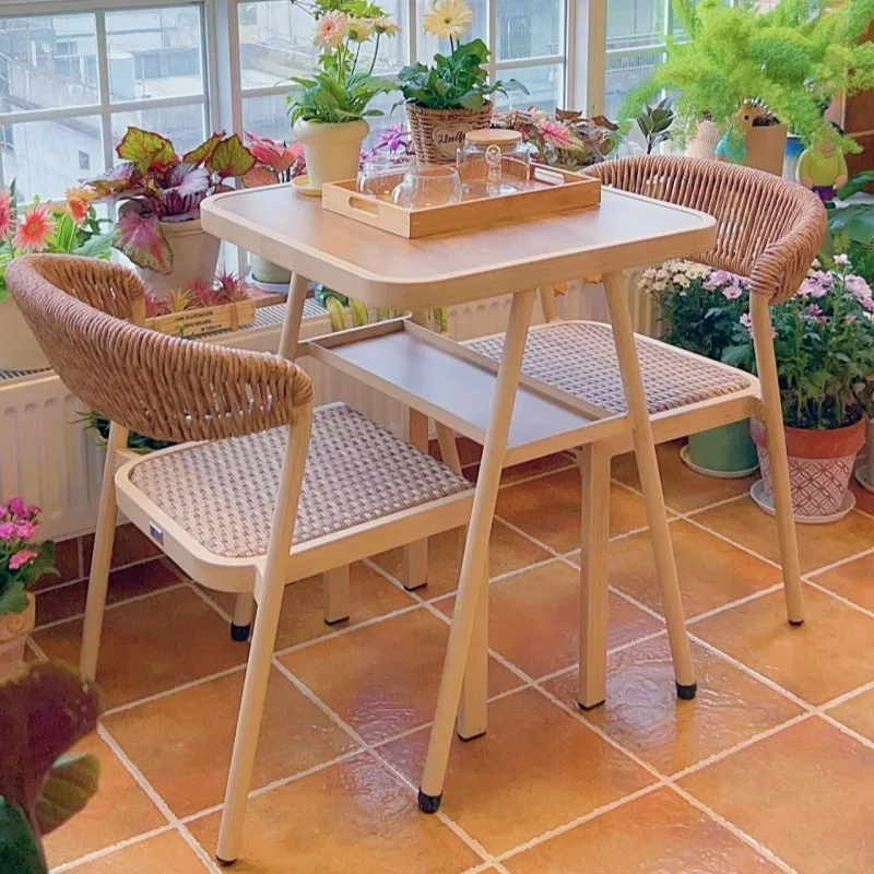 leaf balcony small table and chairs, leisure rattan chair three-piece combination small apartment reading table two chairs