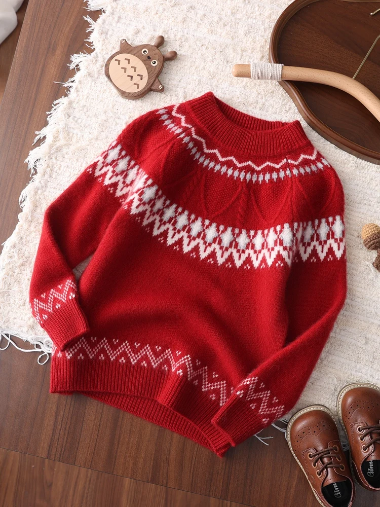 

Children's 100% Cashmere Sweater Fair Isle Twist Flower Pullover Thicken Girl Boy Knitwear Autumn Winter Soft Kids Christmas Top