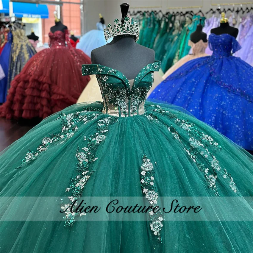 Новое зеленое бальное платье Quinceanera, платье 2024, тюлевое платье с жемчугом и аппликацией из бисера, милое платье 16, Vestido De 15 Anos