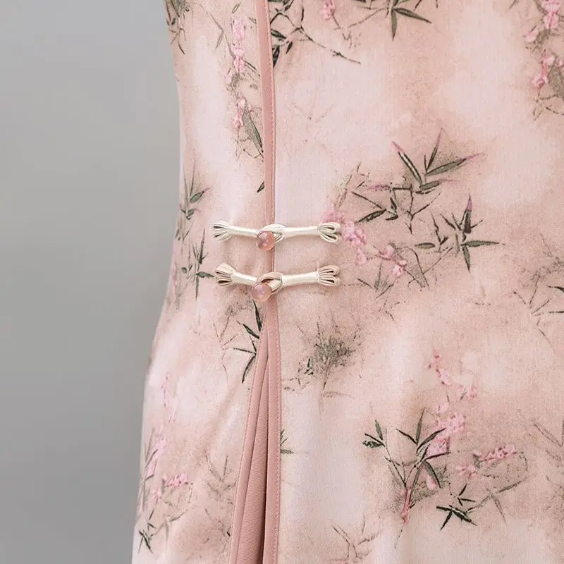 Elegant Digital Print Long Dress Floral Pattern Spring Summer Women Short Sleeve Dresses Chinese Style Slim Vintage Skirts D118