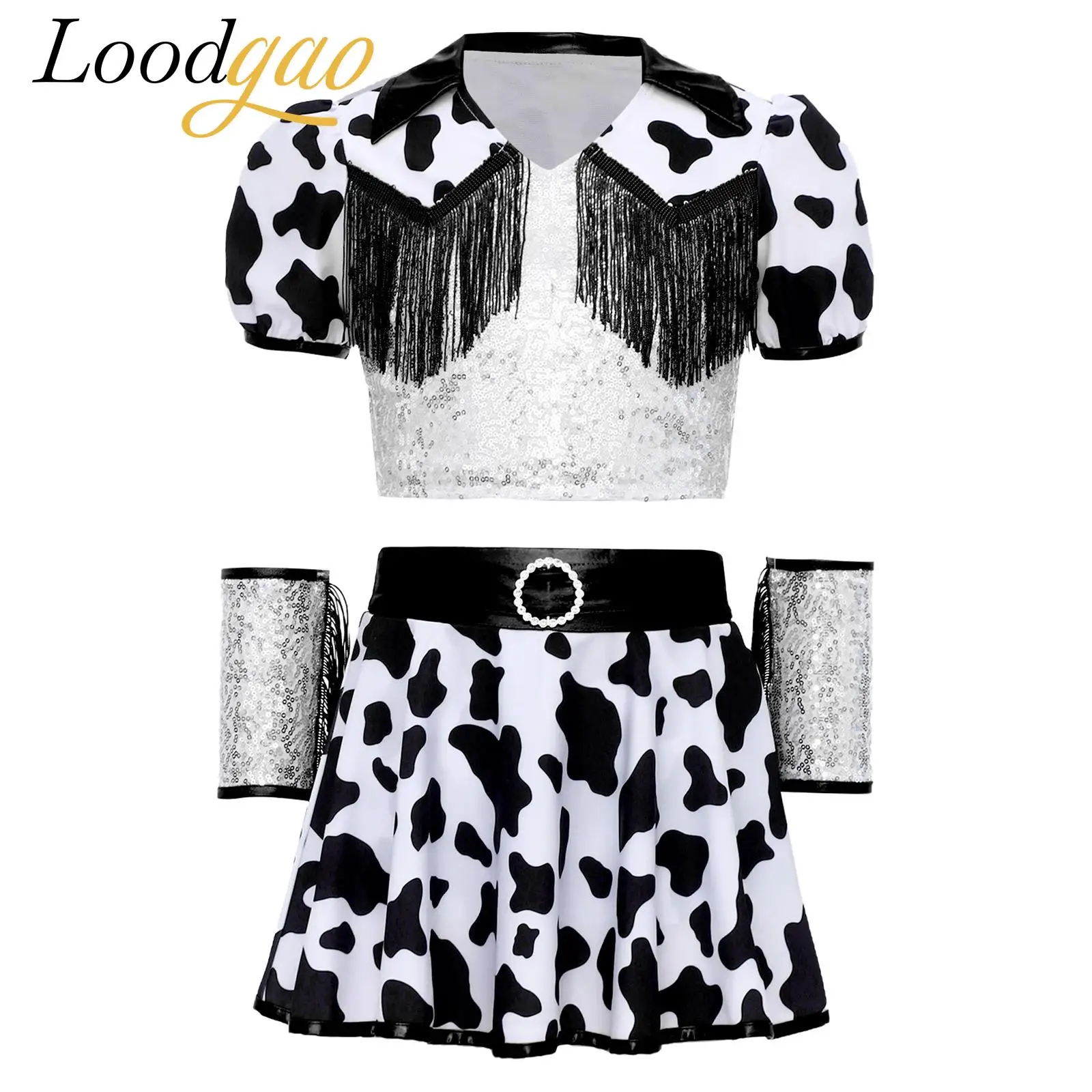 Traje de vaquera con flecos y lentejuelas para niñas, Top corto, falda, disfraz Hippie de Halloween, disfraz de actuación de vacaciones occidentales con estampado de vaca