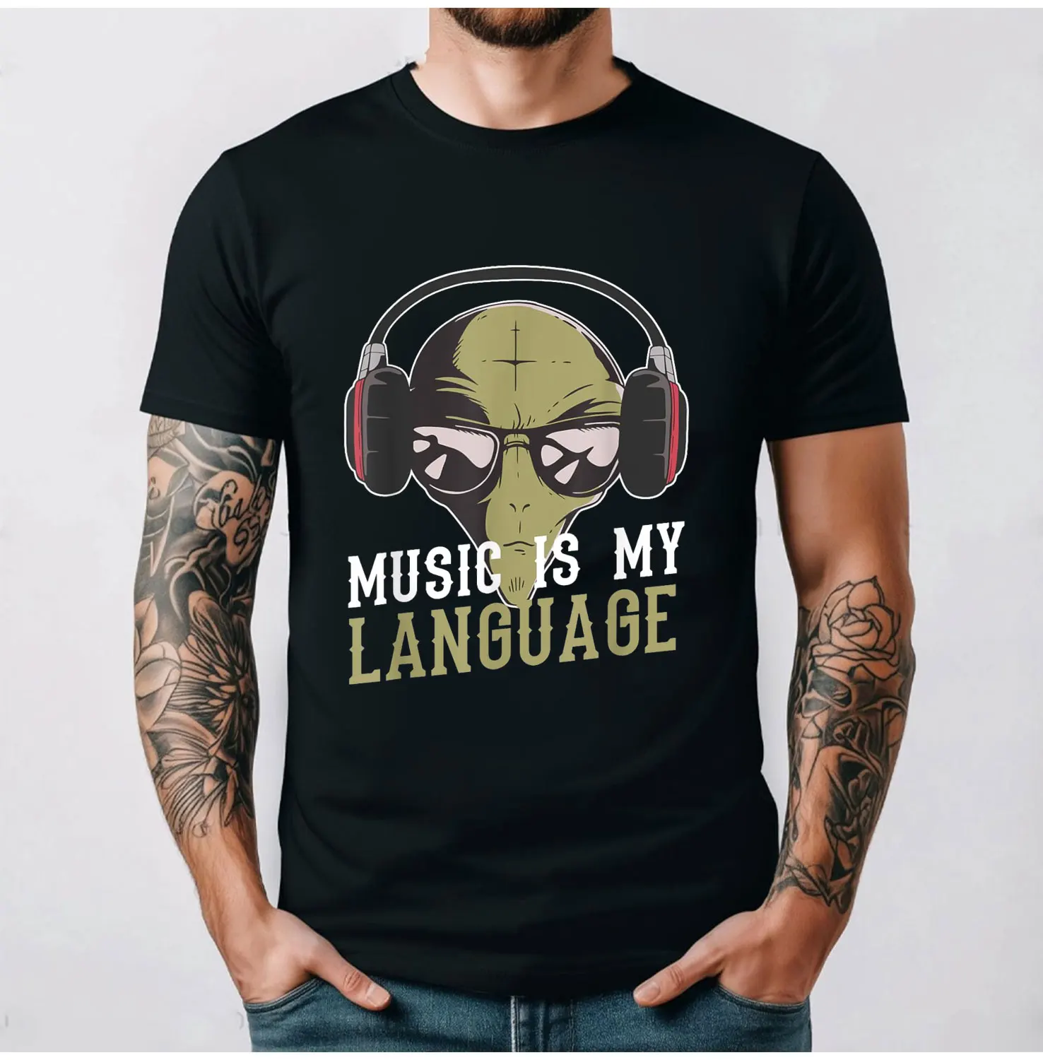 

Винтажная футболка «Музыка — мой язык», «Чужой и наушники-музыкант», хлопковая летняя футболка в стиле Харадзюку с короткими рукавами, забавная рубашка, наступательная