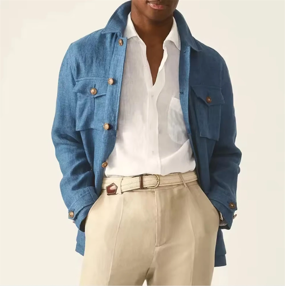 New Men Linen Jacket Fashion Stand Lapel Suits Men's Jacket Blazers Single-Breasted Leisure Clothes (Only Blazer)
