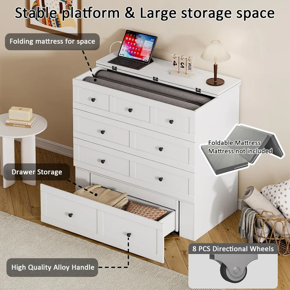 سرير توأم ميرفي مع قاعدة شحن مدمجة، سرير ميرفي موفر للمساحة مع درج، قابل للطي، لضيوف المكتب المنزلي