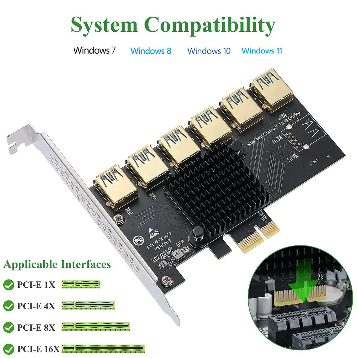 Tarjeta adaptadora PCIE 1 a 7, tarjeta elevadora PCI Express, ranura PCI-E 1X a 16x, extensor elevador USB 3,0 para minería de tarjetas de Video