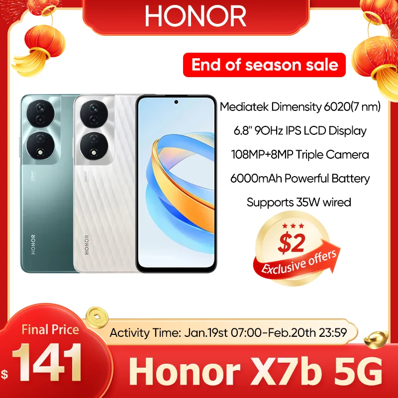 2024 HONOR X7b 5G Global Version Mediatek Dimensity 6020 6.8