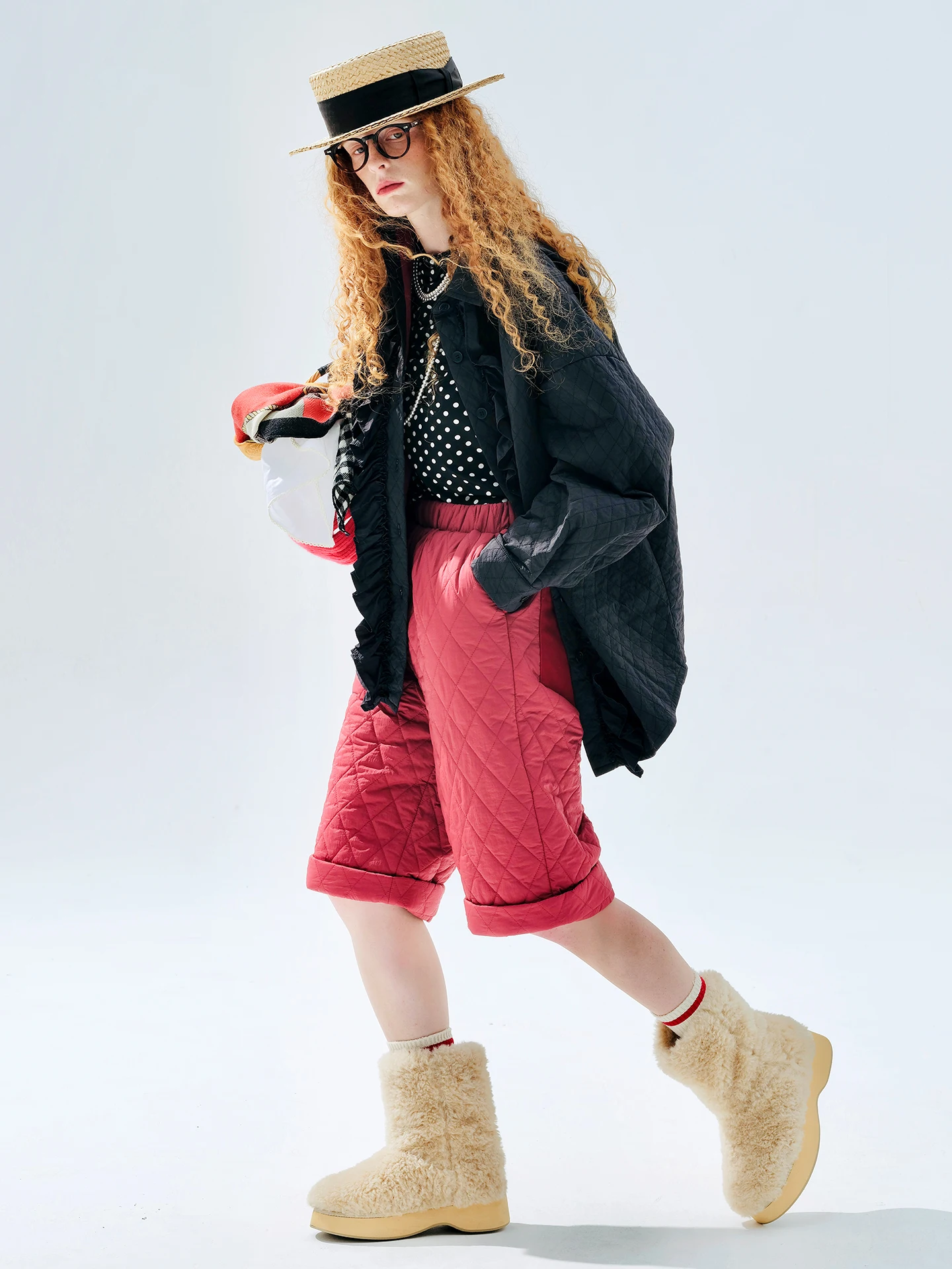 Shorts de algodão enchado borgonha imakokoni 2025 inverno nicho original-calças femininas casuais de comprimento médio e quentes 255272