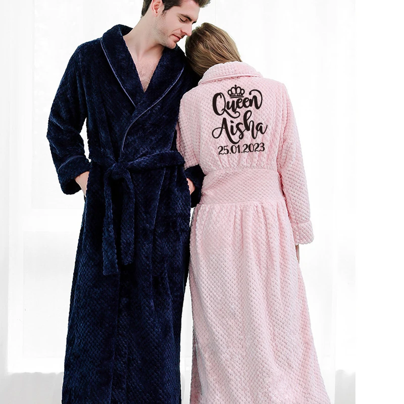 Customize Nama Date Women Men Warm Dobby Coral Fleece Bathrobe Winter Thick Flannel Thermal Kimono Dressing Gown Bride Peignoir