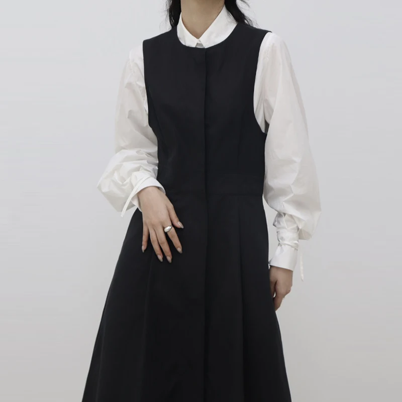 

Chic Autumnal Simple Collared Bubble Sve irt with Pleated Skirt Long Dr Set Women's Faion Ensemble Cotton Material