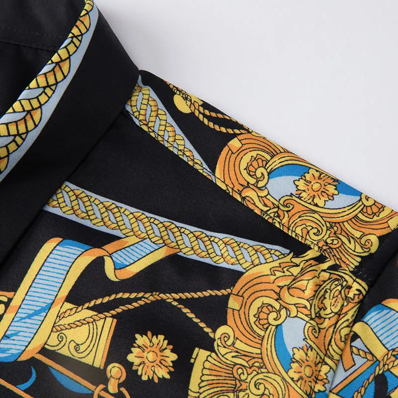 قميص رجالي كوري موديل 2023 باللون الأسود والذهبي بطباعة الباروك قميص رجالي بقصة ضيقة قميص بجودة عالية ملابس خروج اجتماعية